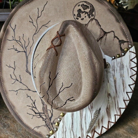 NWT Mocha Hand Burned Western Fedora Cowboy Hat With Genuine Leather main image 5
